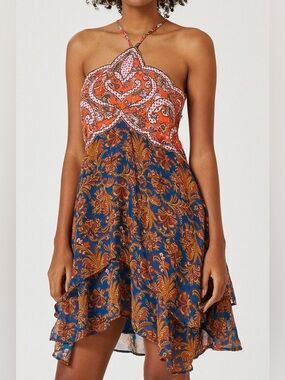 Anthropologie One-Shoulder Paisley Mini Dress in Coral & Navy